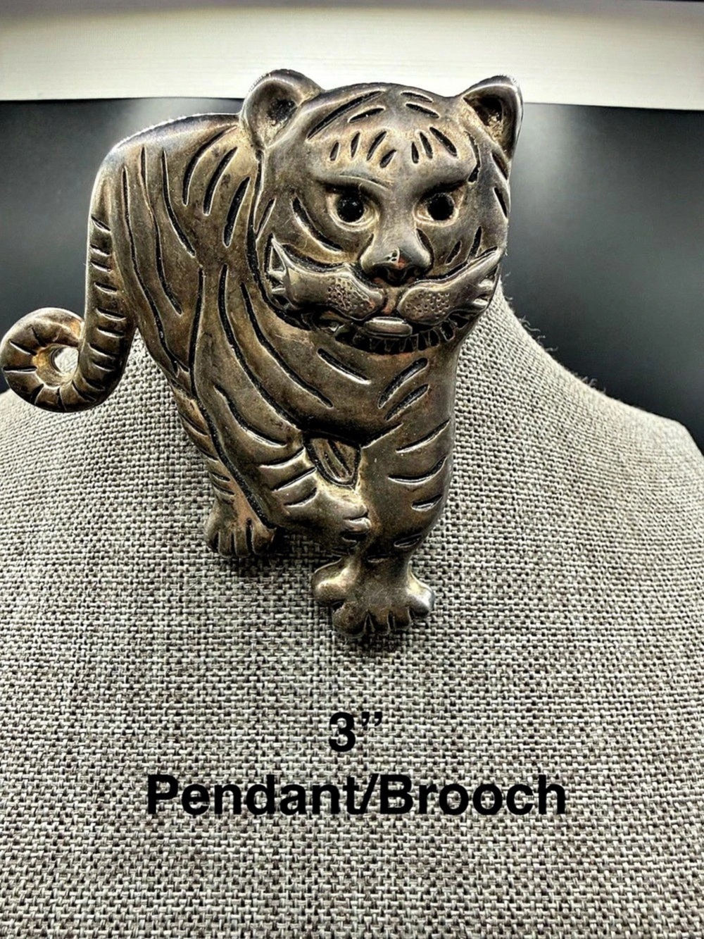 Vintage Heavy Silver-Tone Prowling Tiger Statement Brooch & Pendant
